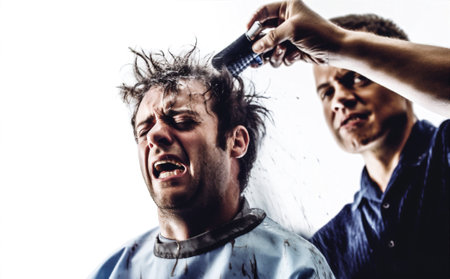 caucasian man barber hairstyle background studio care hair hairdresser white comb surprised. Generative AI.の素材