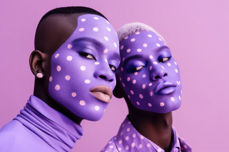 beauty man fashion dots polka purple afro young skin portrait looking face. Generative AI.の素材