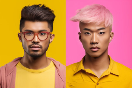 man fashion trendy lifestyle white studio friends pink group portrait black. Generative AI.の素材