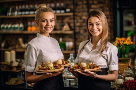 holding woman showing food indoors portrait job smile restaurant waiter standing. Generative AI.の素材