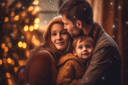 christmas kid holiday present year lights caucasian new family gift. Generative AI.の素材