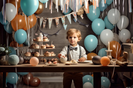 cute balloon little boy birthday party kid blue children childhood. Generative AI.の素材