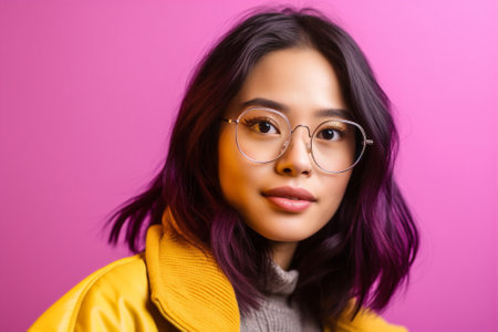 woman pink caucasian yellow attractive hat beauty young portrait fashion sunglasses. Generative AI.の素材