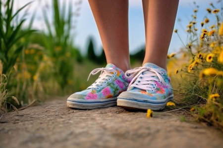 sneakers woman nature female spring lifestyle grass flowers green fashion white. Generative AI.の素材