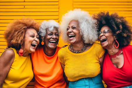 friends group females fun lifestyle laugh young american african happy yellow. Generative AI.の素材