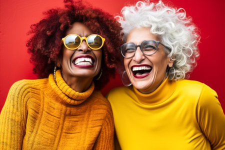 happy yellow fun group young females lifestyle african laugh american friends. Generative AI.の素材