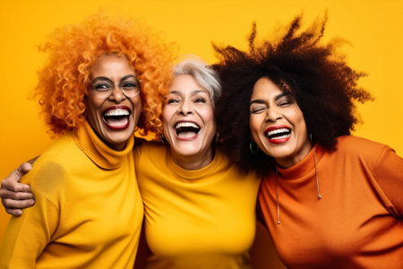 friends lifestyle yellow females african laugh american fun happy group young. Generative AI.の素材