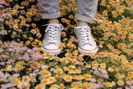 woman spring white young green grass lifestyle sneakers female flowers fashion. Generative AI.の素材