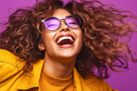 woman yellow summer attractive sunglasses beauty portrait young pink caucasian fashion. Generative AI.の素材