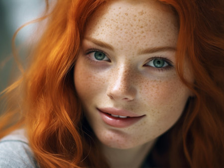 makeup woman freckles face skin white young closeup model portrait beauty. Generative AI.の素材