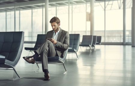 trip man passenger business traveler waiting flight journey airplane businessman airport. Generative AI.の素材