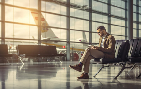 man passenger flight arrival business trip traveler businessman airplane journey airport. Generative AI.の素材