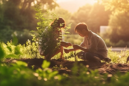 girls planting family nature green sunlight kids garden young summer. Generative AI.の素材