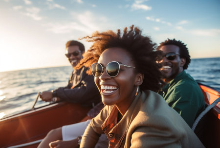 yacht cheerful women carefree young friends lifestyle trip summer happy boat. Generative AI.の素材