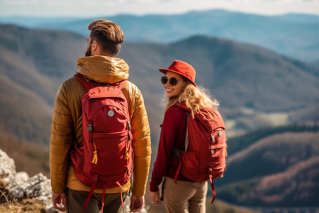 man woman leisure hikers outdoors old couple tourist backpack lifestyle mature nature. Generative AI.の素材