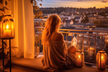 woman city person town young romantic home beauty candle lifestyle meditation. Generative AI.の素材