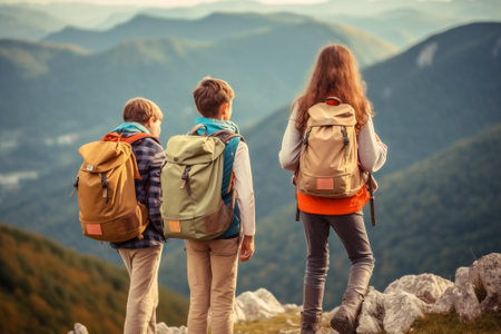 tourist woman man old backpack female outdoors nature leisure trekking lifestyle couple. Generative AI.の素材