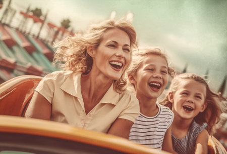 outdoors family roller girl rides park laughter children happy coaster fun. Generative AI.の素材