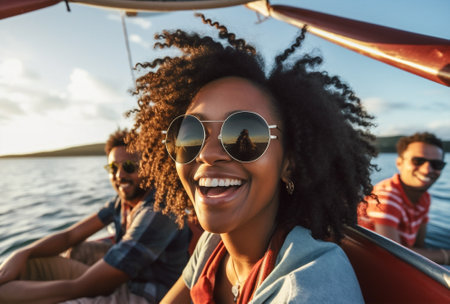 yacht women friends young car summer cheerful boat happy trip lifestyle. Generative AI.の素材