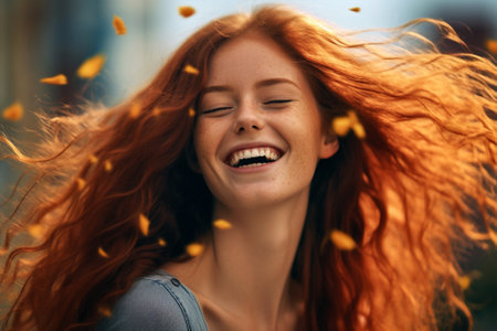 face woman red beauty happy summer freckles young hair portrait smile. Generative AI.の素材