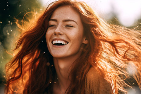 red woman face portrait hair young beauty happy cheerful smile freckles. Generative AI.の素材