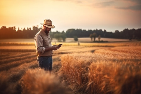farmer man crop tablet farming modern field nature technology wheat agricultural. Generative AI.の素材