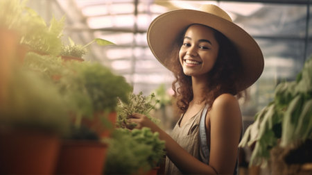 tropical woman curly trendy american hat attractive lifestyle adult african greenhouse beauty. Generative AI.の素材