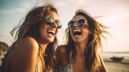joy fun friends summer friendship sunglasses happy young beauty lifestyle. Generative AI.の素材