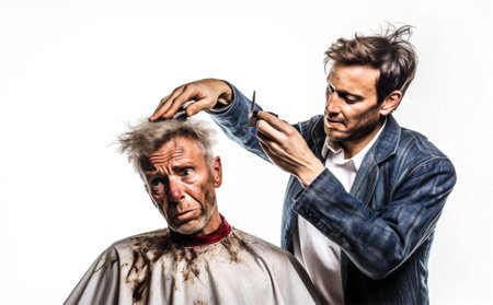 man hairdresser portrait isolated beard two barber studio young hairstyle haircut. Generative AI.の素材