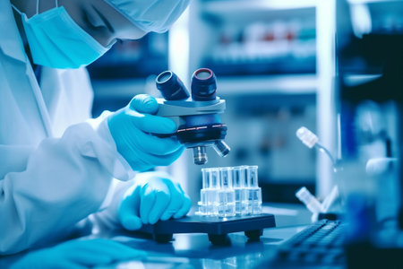 tube biotechnology medical science test research hand medicine experiment laboratory. Generative AI.の素材