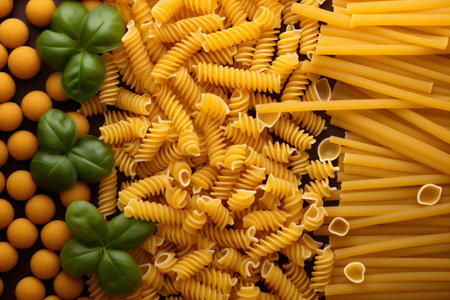 healthy uncooked pasta raw italian ingredient food spaghetti eat macaroni background. Generative AI.の素材