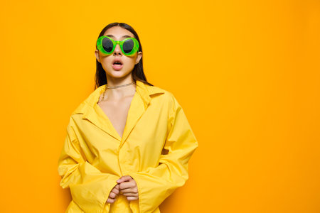 cheerful woman beautiful lifestyle yellow trendy attractive fashion young sunglasses girlの写真素材