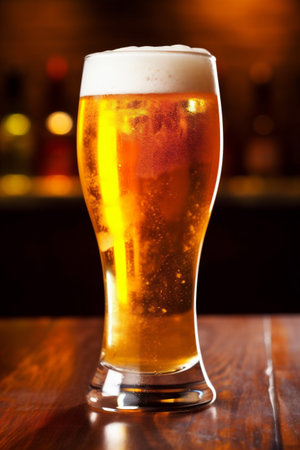 gold lager pint drink foam beer pub beverage alcohol glass. Generative AI.の素材