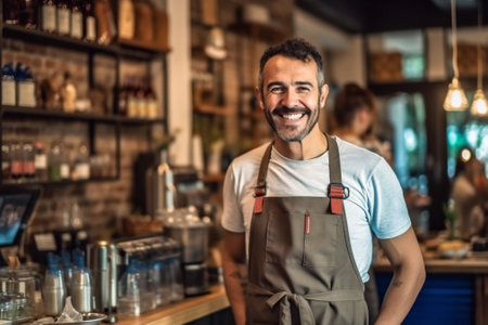 barista owner occupation person service portrait waiter business bar apron. Generative AI.の素材