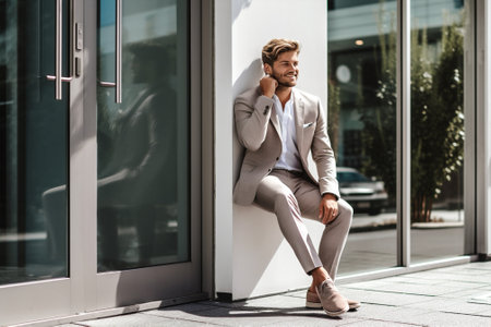 man phone portrait business adult beard lifestyle communication fashion urban young. Generative AI.の素材