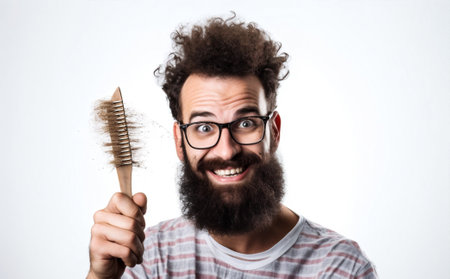 man studio caucasian surprised portrait background hairstyle comb barber white hairdresser hair. Generative AI.の素材