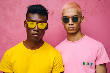 man friends studio portrait pink black group person trendy fashion lifestyle. Generative AI.の素材