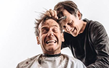 man surprised barber background comb caucasian studio hairdresser white hairstyle adult hair. Generative AI.の素材