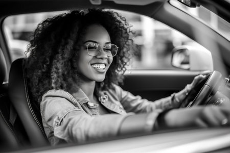 transportation woman car happy vehicle driver travel driving auto adult attractive. Generative AI.の素材