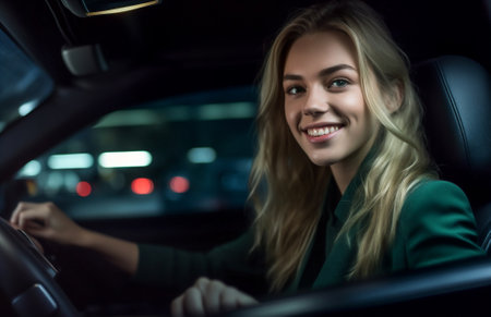 woman caucasian face car vehicle transportation driver happy business beauty auto. Generative AI.の素材