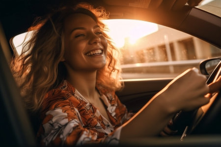 beauty woman freedom car sunglasses travel auto caucasian pretty summer young. Generative AI.の素材