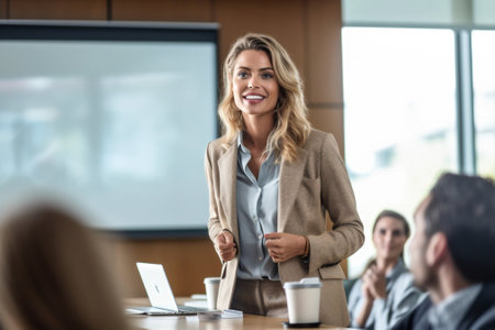group woman modern office business adult speaker indoors businesswoman meeting horizontal. Generative AI.の素材