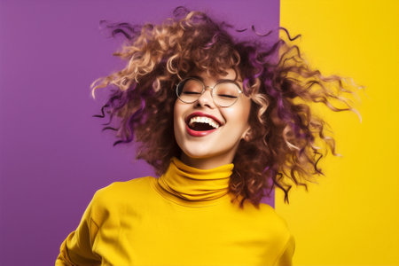 glasses woman yellow pink sunglasses young beauty portrait attractive fashion caucasian. Generative AI.の素材
