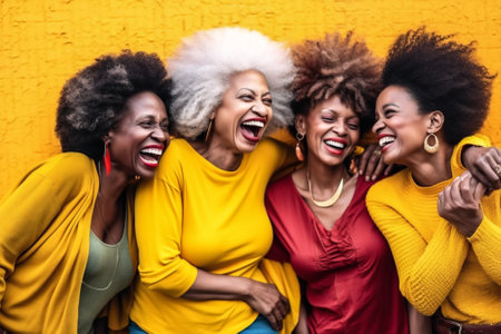 american lifestyle laugh females friends african young happy fun yellow group. Generative AI.の素材