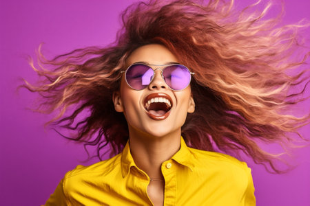 portrait woman fashion pink caucasian attractive beauty street young yellow sunglasses. Generative AI.の素材