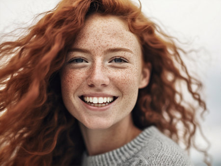 woman closeup model face portrait freckles young emotion skin white beauty. Generative AI.の素材
