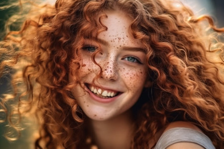 woman hair freckles red young portrait face beauty happy smile looking. Generative AI.の素材