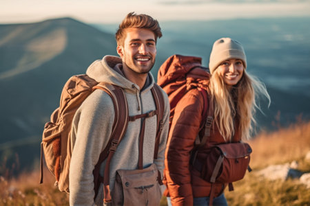 woman leisure man couple tourist backpack nature senior outdoors lifestyle old age. Generative AI.の素材