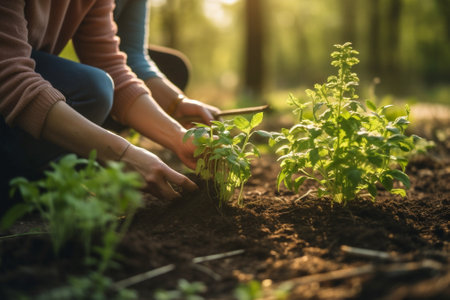 summer family kids sunlight girls garden nature young planting green. Generative AI.の素材