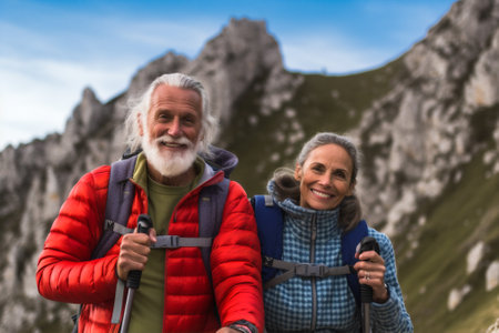 man woman couple tourist nature leisure outdoors old backpack vacation age lifestyle. Generative AI.の素材